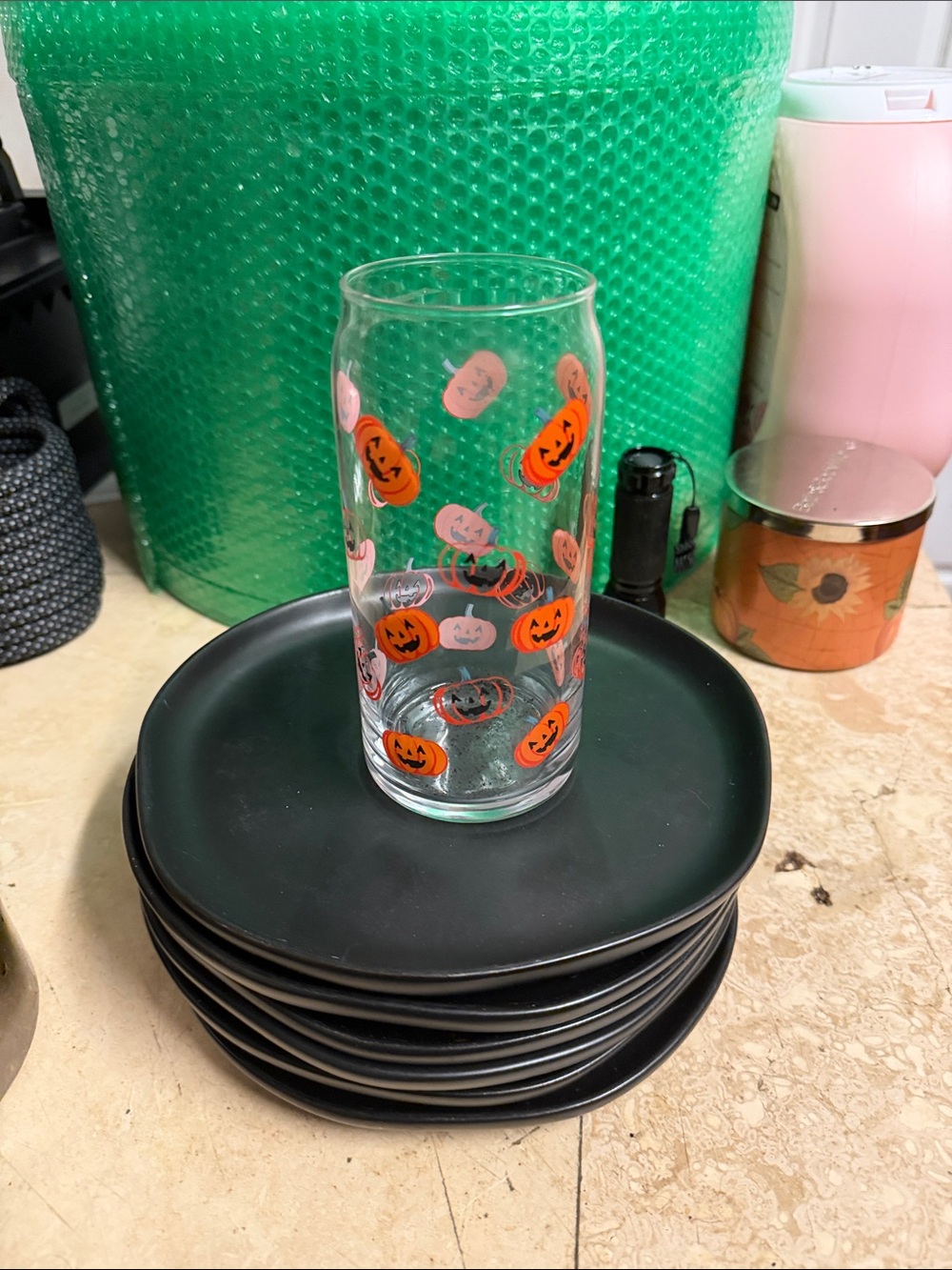 Clear Pumpkin Print Glass Tumbler - Orange & Pink